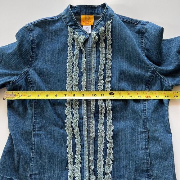 Ruby Rd Petite Blazer Denim Jacket Women's Size 8P  3/4 Sleeves Fringe Trim Blue - Picture 9 of 10